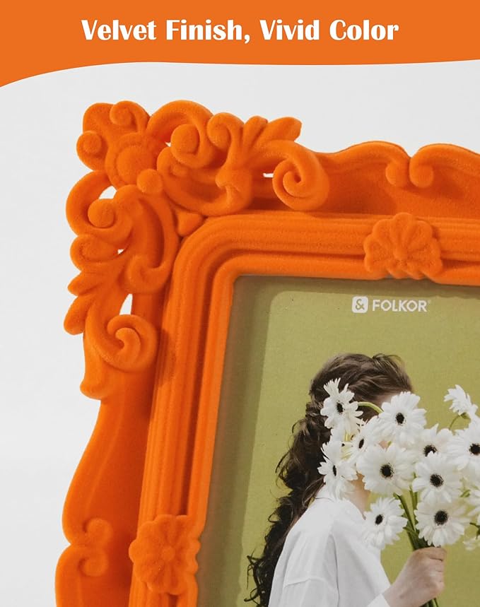 Picture Frames 5x7 for Drawings Prints, Small Colorful Decorative Frame with Real Glass/Stand, Retro Ornate Memorial Frame Gift for Wedding Baby Shower Retirement (Orange)