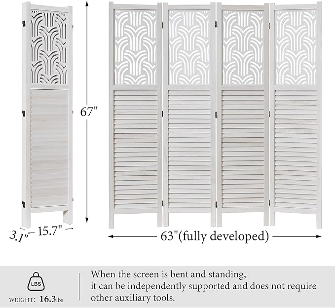 Folding Room Divider, 66.9 Inch 4 Panels Wood Carved Privacy Screens, Free Assembled Freestanding Portable Separation Wall for Home Office Restaurant Bedroom (White)
