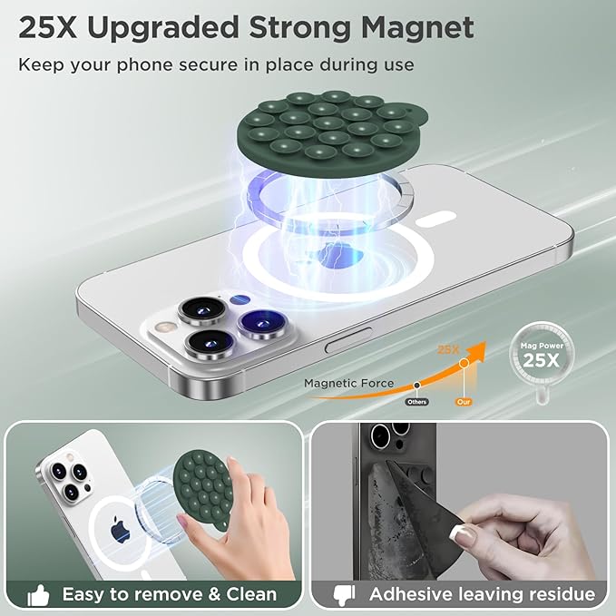 Magnetic Suction Cup Phone Mount, Compatible with MagSafe, Silicone Octo Cup Buddy Sticky Grip Holder for iPhone and Android, Removable Hands-Free Selfie/Video for TikTok, Alpine Green