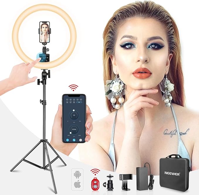 Neewer APP Control 16-inch LED Ring Light, Support Manual Touch Control with LCD Screen, Multiple Lights Control, 3200-5600K, Light Stand Included for Makeup YouTube Video Blogger Salon (White)