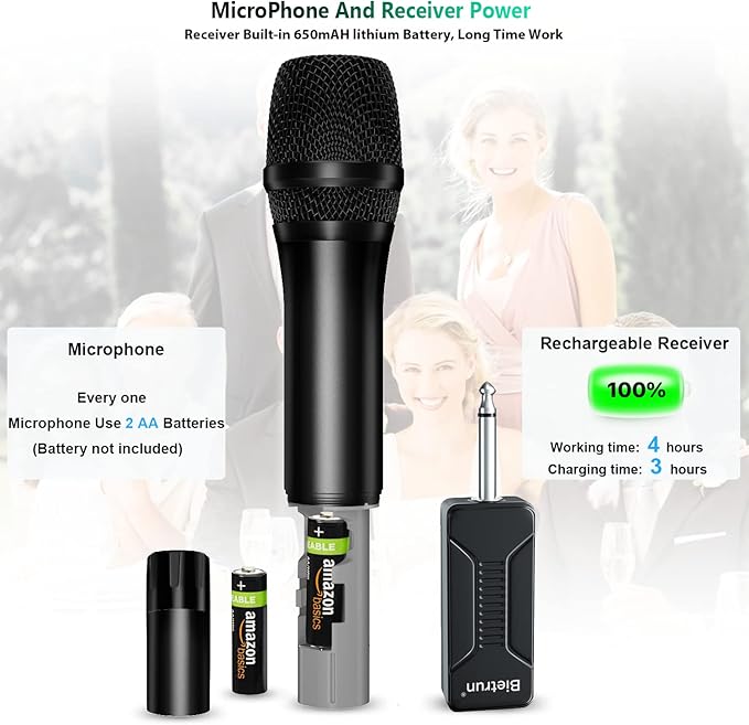 Bietrun Wireless Microphone, Dynamic Microphone with Rechargeable Receiver, Auto Connect,All Metal Design,160ft Range,Cordless Mic for Karaoke Machine,Amplifier Speaker,Mixer,iPhone,Camera, Interview