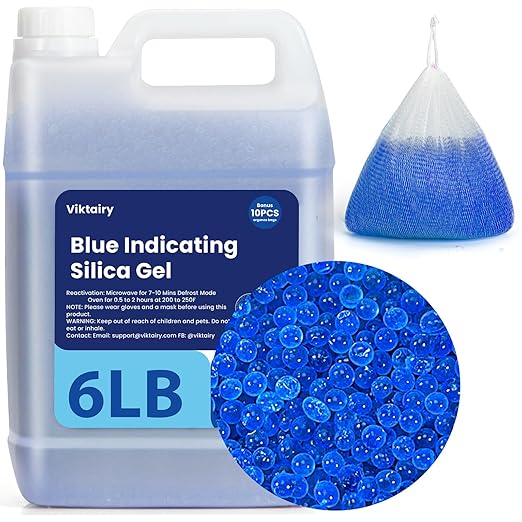 6LBS Silica Gel Desiccant Beads, Premium Blue Indicating Reusable Desiccant Bulk, Industry 3-5 mm Silica Beads Dehumidifier for 3D Filament, Electronic Devices, Camera, Jewelry, Safe (10PCS Bags)