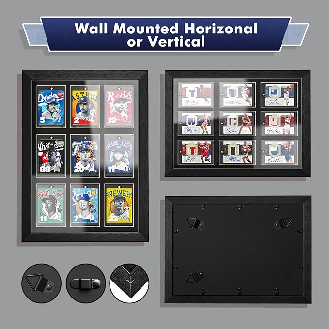 Trading Card Display Case for 9 Standard Cards - Wall Mount Baseball Card Display Case with UV Protection Magnetic Card Holder, Sports Display Cases for Football Basketball Hockey Card Collection