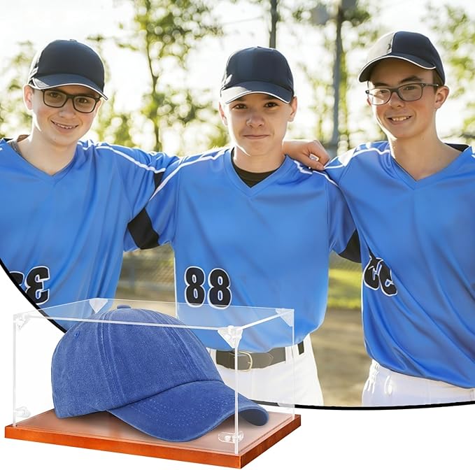 Hooqict Hat Display Case Acrylic Clear Full Size Baseball Hat Case Display Holder Stand with Solid Wood Base UV Protected for Ball Cap Storage Organizer Sports Collections Memorabilia