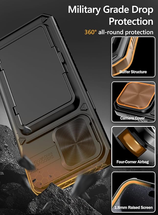 Vihibii for iPhone 15 Pro Max Case with Card Holder (4 Cards), Built-in 2X Tempered Glass Screen Protector & Slide Camera Cover & Kickstand, Military Grade Drop Protection, Rugged Wallet Case, Black