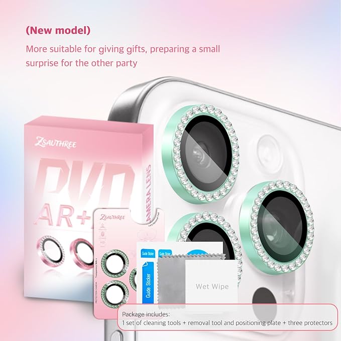 Camera Lens Protector Bling Compatible for iPhone 15 Pro/15 Pro Max,9H Tempered Glass,1Step Installation Tray,HD Clear/Military Grade Shatterproof/Scratch Resistant(Diamond Light Green)