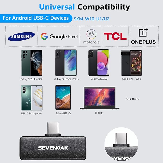 Sevenoak Wireless Lavalier Microphone for Android USB-C Phone Plug Play Type-C Mic for iPhone 15 Noise Cancellation Compact Cordless Clip on Mic for Video Recording Live Streaming Interview