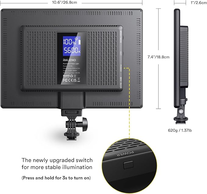 RALENO 19.5W LED Video Soft Light Panel, 650Lux/m 13" Camera Panel Light Built-in 8000mAh Battery, CRI>95 2500-6500K Photography Studio Lights for TikTok YouTube Video Recording Photography Streaming