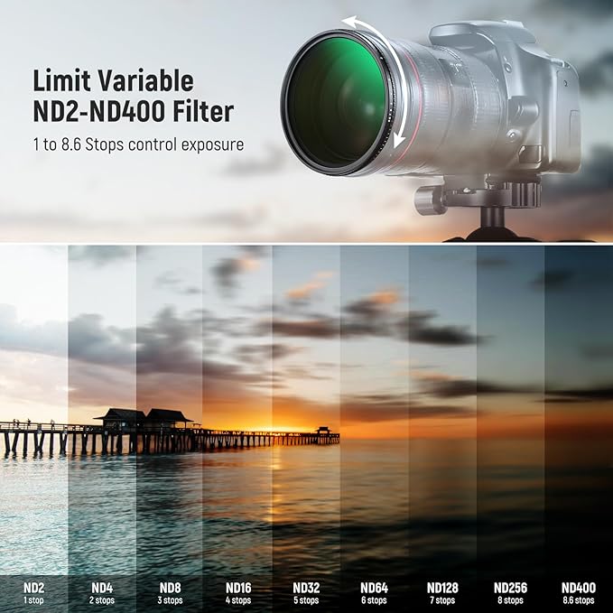NEEWER 82mm True Colors Variable ND2-ND400 Filter, Hard Stops Adjustable Neutral Density VND Filter with Multi Coated HD Optical Glass/Aluminum Frame/Water Repellent/Scratch Resistant