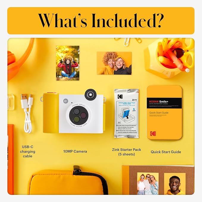 Kodak Smile+ 2-in-1 Digital Instant Print Camera & Wireless Bluetooth Photo Printer - 10MP, Special-Effect Rotating Lens, Zink 2x3” Sticky-Back Photos, Print via Fun App from Smart Devices - White