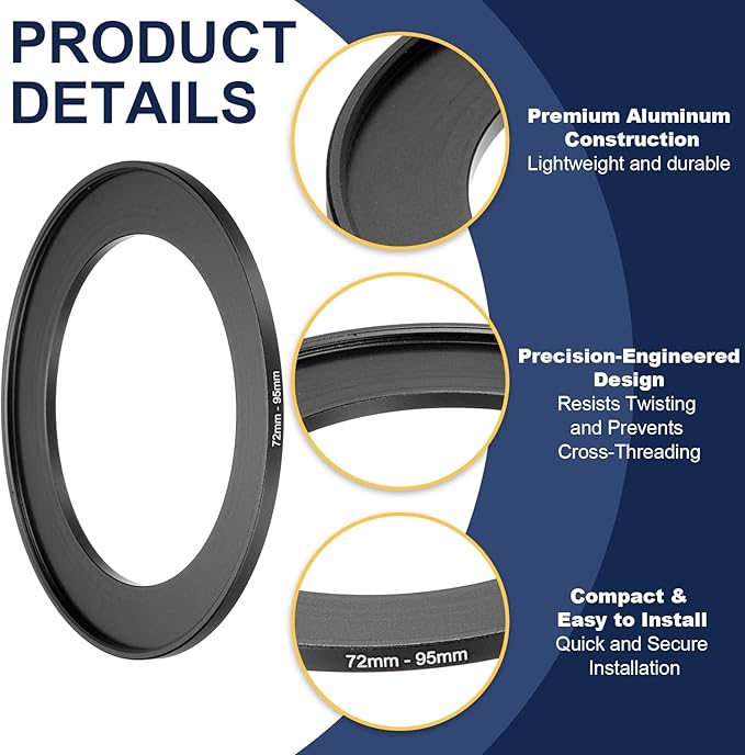 PATIKIL Step-Up Ring Adapter 72mm to 95mm, Filter Step-up Rings Camera Lens Filters Metal Ring Digital for ND IR DSLR Lenses, Black