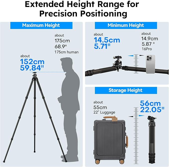 SIRUI Heavy-Duty Carbon Fiber Tripod, 59.8” Pro Tripod with Low Center of Gravity Ball Head, 44lbs Load, 6 Mounting Ports, Corrosion Resistance–for DSLR, Mirrorless, Telephoto, Wildlife（AM-324S+G1）