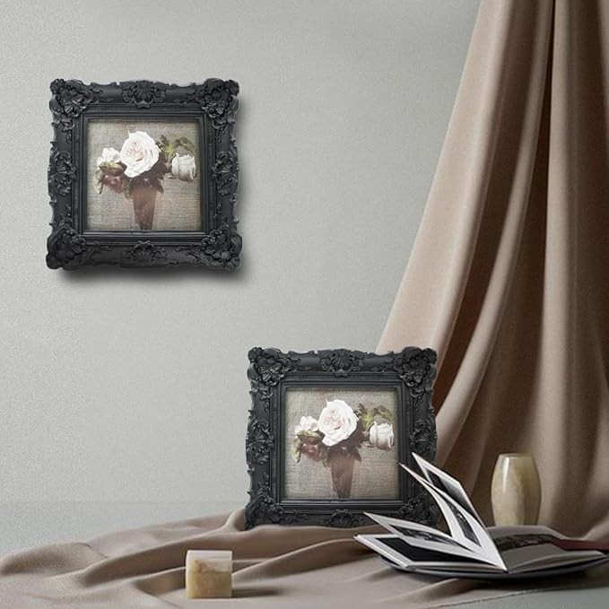 CISOO 4x4 Vintage Small Picture Frame, Antique Ornate Black Square Photo Frame, for Table Top and Wall Display, Decorative Floral Design Retro Home Decor, Photo Gallery Art