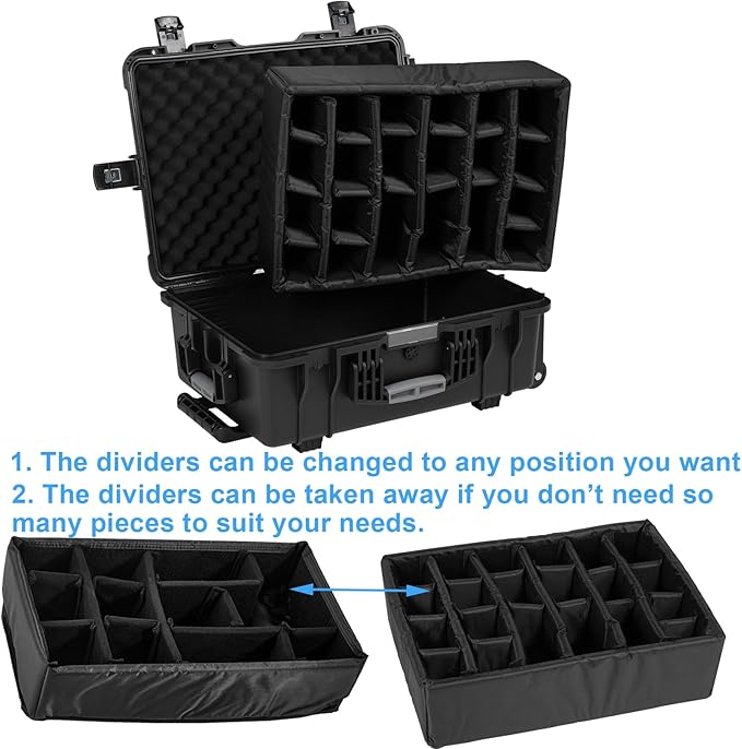 Waterproof Camera Cases, 24 x 17.5 x 10 Inch, Travel Rolling Case with Padded Dividers for Cameras, Lenses, Drones, Gear, equipment, Shockproof,Airline Carry-On, Inner 20.79"x 14.57" x 7.48"