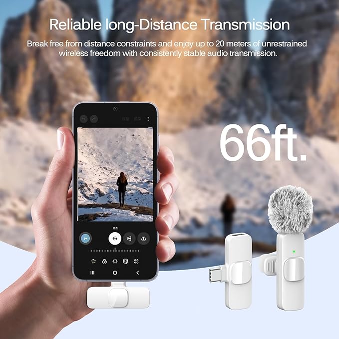 White Wireless Lavalier Microphone for iPhone & Android - Mini Clip-On Mic with Noise Cancellation 2 Pack Lapel Mic Plug and Play Wireless Mic for Video Recording Interview Podcast Vlog YouTube