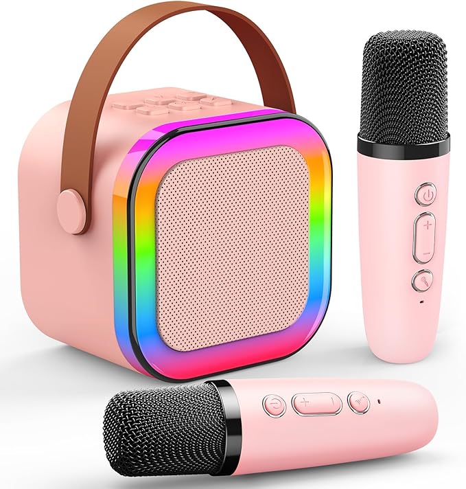 Karaoke Machine for Kids, Kids Karaoke Machine for Girls with 2 Wireless Microphones Mini Portable Bluetooth Speaker Kids Karaoke Machine Gifts for Girls and Boys Family Party (Pink)