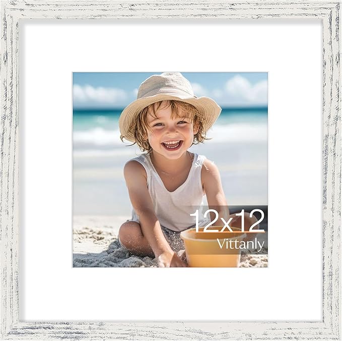 Vittanly 12x12 Picture Frame, Made of Solid Wood and Shatterproof Plexiglass, Display Pictures 8x8 with Mat or 12x12 without Mat, Wooden Photo Frame for Wall Mounting, Distressed White, 1 Pack