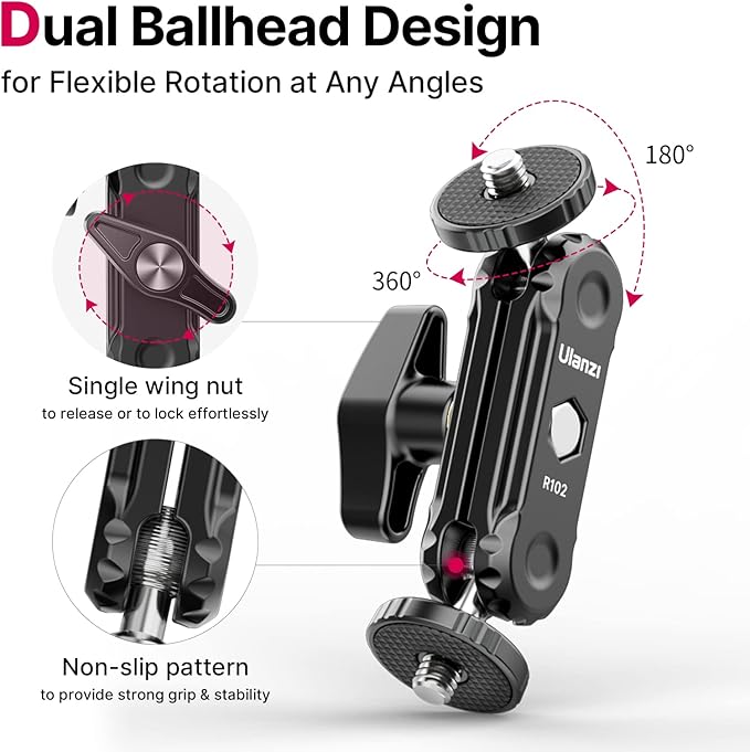 ULANZI Magic Arm with Double Ballhead 1/4" Screw, Compatible with Universal Monitor Mount for Camera, Video Shooting Photography Accessories Microphone Fill Light Bracket