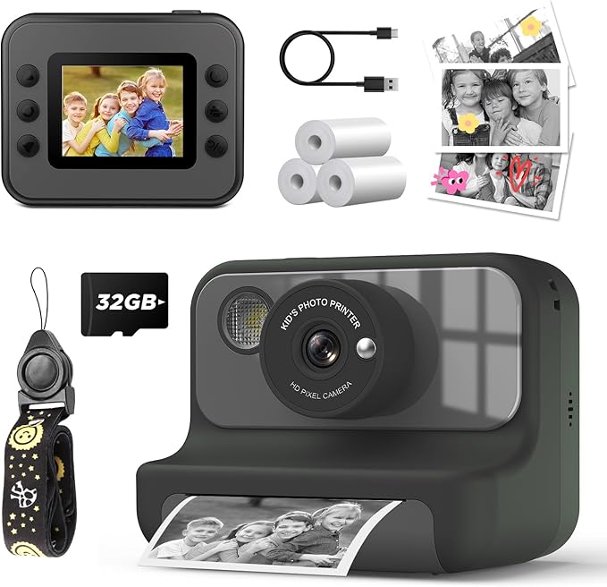 Instant Print Camera for Kids, 1080P Digital Video Cameras, Christmas Birthday Gifts Toys for Age 3-12, Toddler Camera for 4 5 6 7 8 9 10 Year Old Boys - Black