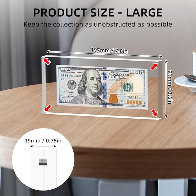 PONNOR Dollar Bill Frame, Acrylic Currency Display Holder, Self Standing Money Frame for Collectors Ticket Protector Photos Display Case（2pcs）