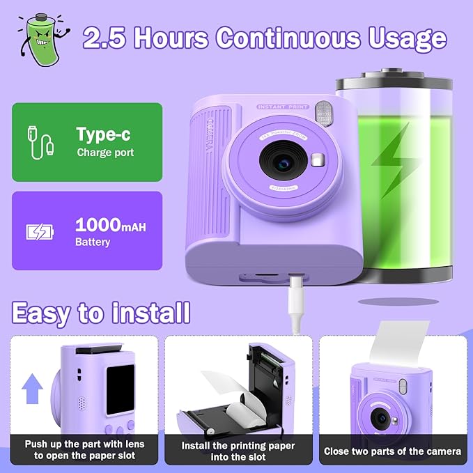 Upgrade Kids Camera Instant Print for Ages 3-12, Portable Instant Print Camera with HD Digital Video, Perfect Christmas Birthday Gift for Boys & Girls, Includes 32GB SD Card - Purple