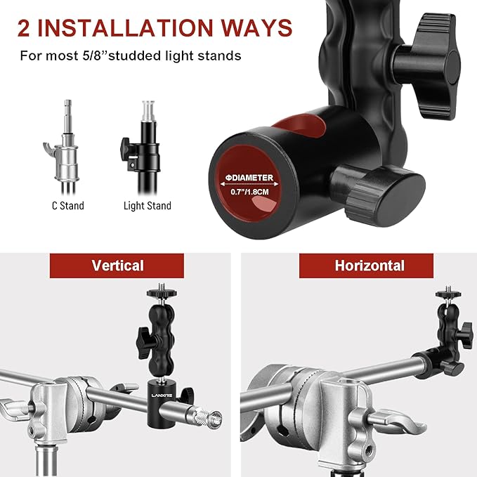 Lanxire 1/4" Screw Mount Adapter (2 Pack) with Dual Joint Tilt for C Stand Boom Arm, Mount Converter with Double Ball Head, for Flash Bracket Photography Light Stand Overhead Camera Mount, 0213