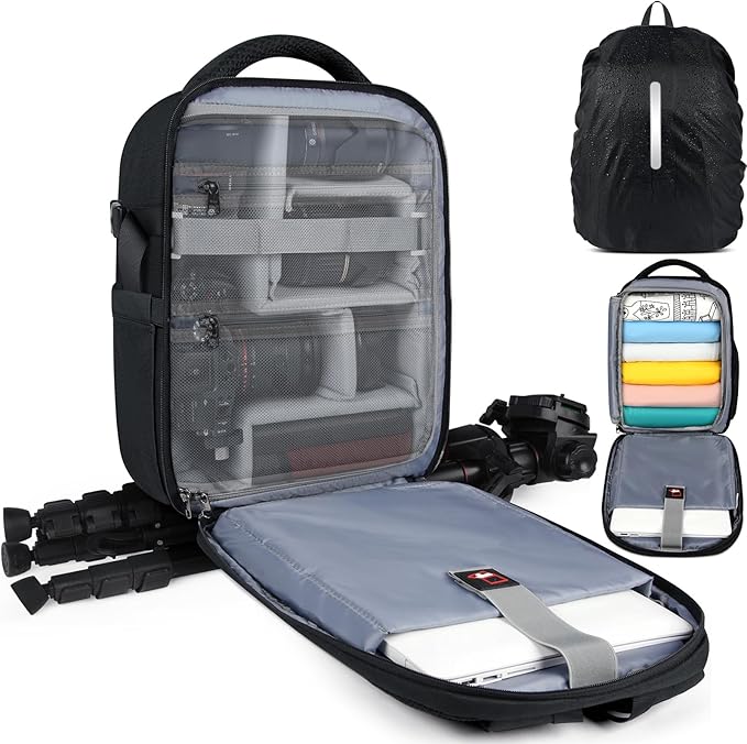 RAINSMORE Camera Bag Professional DSLR SLR Mirrorless Photography Camera Backpack 15.6 Inch Waterproof Camera Case With Tripod Holder&Laptop Compartment for Canon Nikon Sony for Photographers Black