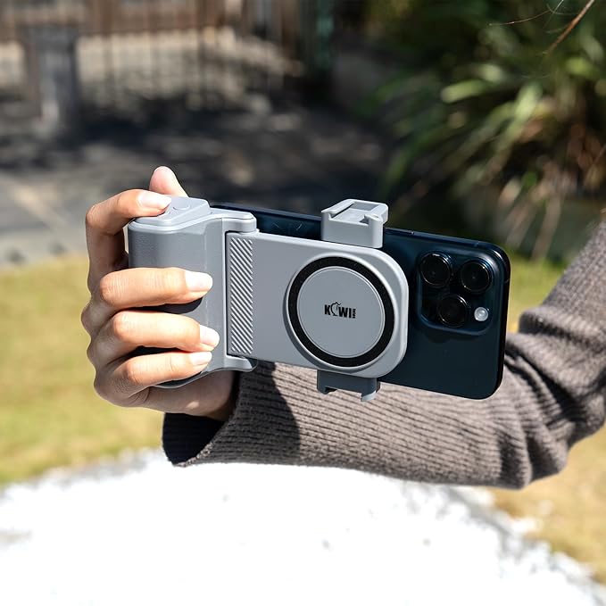 KIWIFOTOS Travel Phone Camera Grip Smartphones Camera Handle with Remote Control & Cold Shoe Mount for iPhone 17 16 Pro Max Samsung S24 S25 Selfie Vlog Video Shooting-Gray