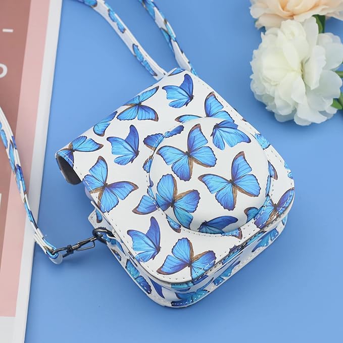 Frankmate PU Leather Camera Case Compatible with Fujifilm Instax Mini 11 12 Instant Camera with Adjustable Strap and Pocket (Butterfly)