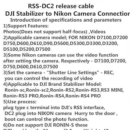 ronin R Cable for nikon d750 d7200 Camera Shutter Release for stabilizer Control Cable Support Ronin - sc/rsc2 rs2 / rs3 / rs4 / Focus pro Handheld Camera stabilizer d7000 D7500 (RSS-DC2)