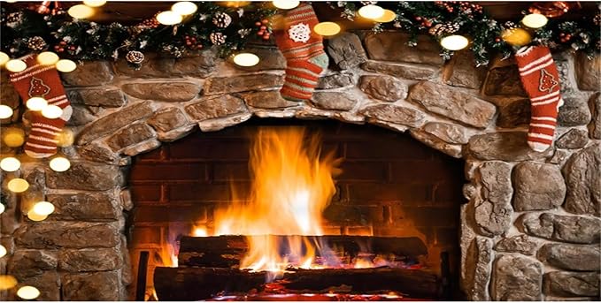 CSFOTO 20x10ft Vintage Brown Brick Wall Burning Fireplace Background Gold Glitter Sequins Country Farm Christmas Living Room Decoration Background Winter House Photo Studio Props