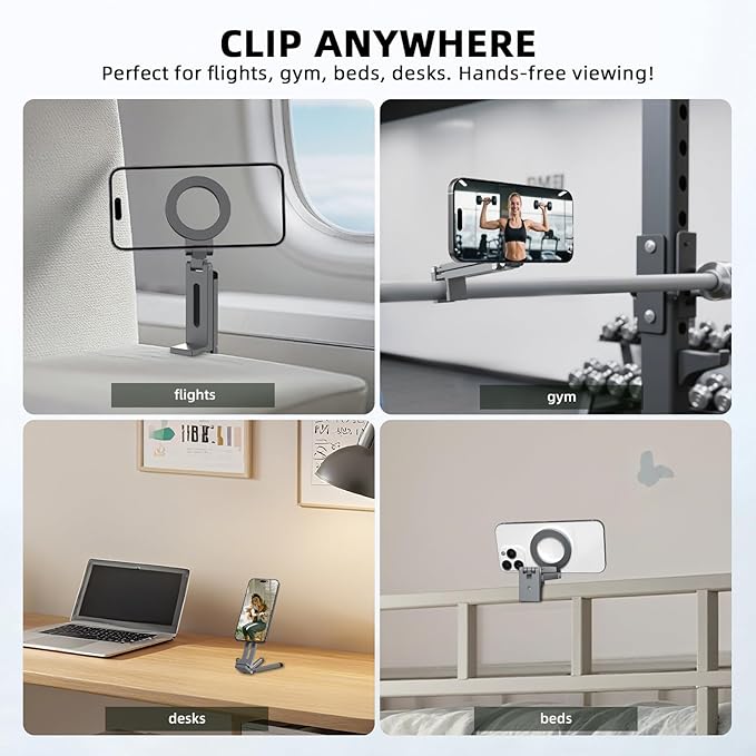 Magnetic Tripod for iPhone, Airplane Phone Holder for MagSafe Selfie Stick Adapter Travel Foldable Clip Clamp Plane Desktop Stand for iPhone 17 16 15 14 13 12 Pro Max Mini Accessories