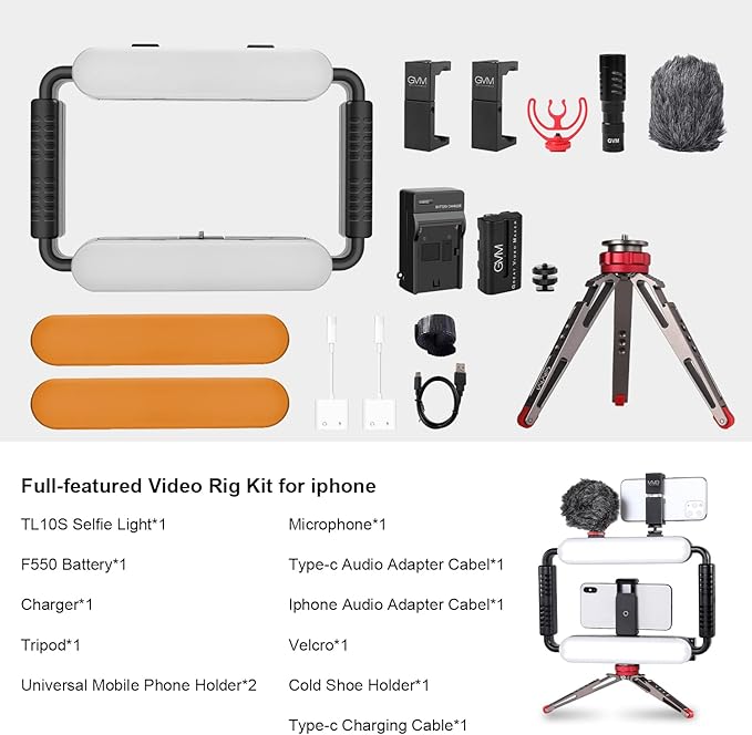 GVM Gimbal Stabilizer Phone Video Light Kit for Smartphone, Content Creator Kit, 5600K LED Equipment with Microphone &Tripod for Recording, Vlogging, Live Streaming, YouTube, TikTok