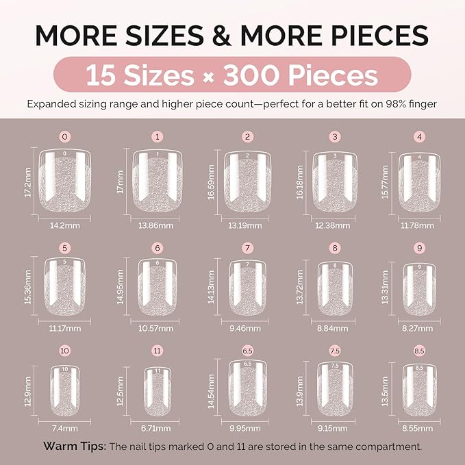 MelodySusie Short Square X Nail Tips - 300Pcs 15 Sizes Clear Acrylic, Half Matte Full Cover Press on Nails for DIY Extension & Salon Use, Pre-Shaped for Long-Lasting Manicure