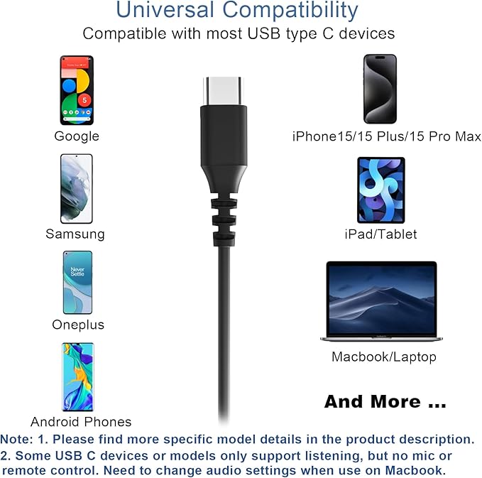 USB C Headphones Wired Type C Earbuds w Microphone, Controls and Over Ear Hook, Sport Running in-Ear Earphones for iPhone 15 16 17 Air, iPad, Samsung Galaxy, Google Pixel and Other Android Phones