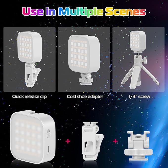 ULANZI U60 RGB Video Lights White LED Camera Light 360° Full Color Portable Photography Lighting w Quick Release Cold Shoe Adapter and Clip, 2500mAh Rechargeable CRI 95+ 2500-9000K Dimmable Panel Lamp