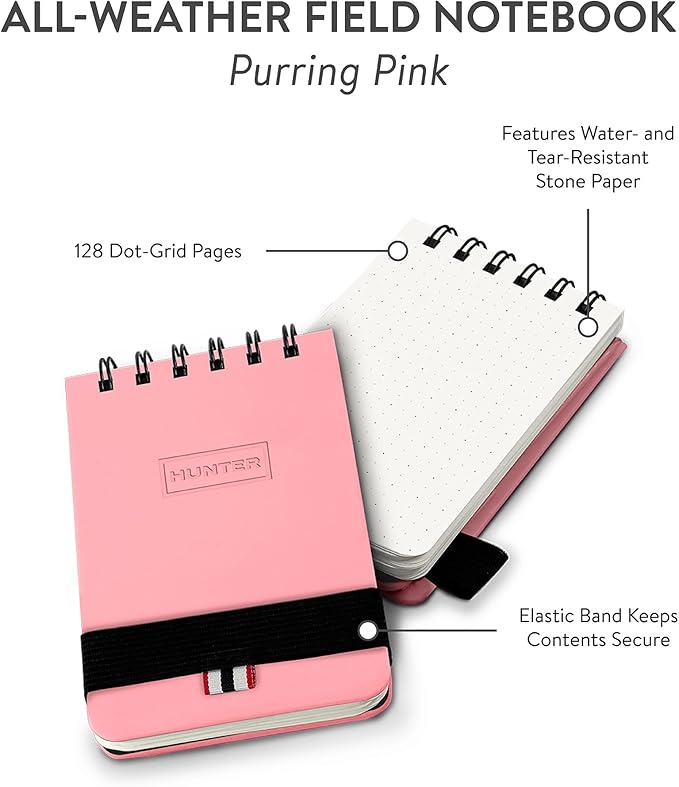 Hunter - All Weather Field Book, 5.75” X 3.6” 128 Pg Outdoor Notebook With Elastic Band to Protect Notes, Pocket Journal With Dot Grid Stone Paper for Surveying, Water & Tear Resistant, Purring Pink