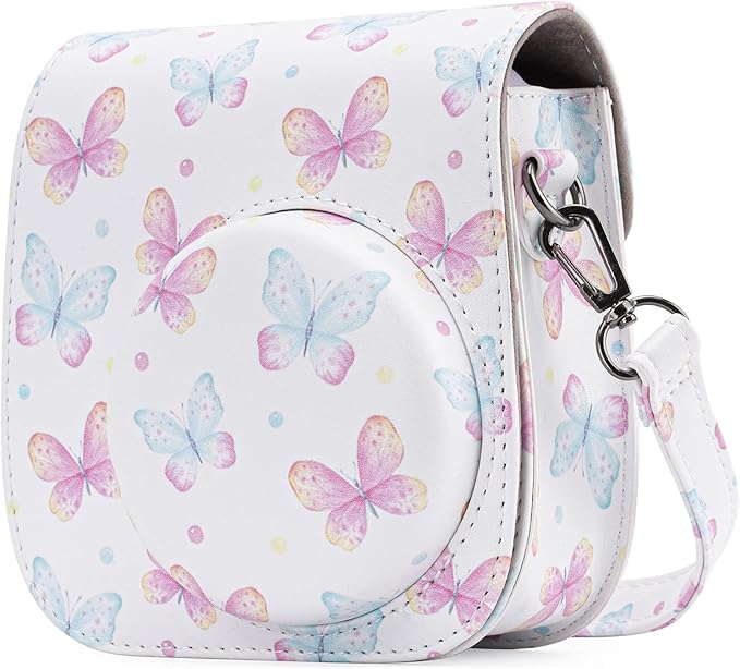 Frankmate Protective Case Compatible with Fujifilm Instax Mini 12 11 9 8 Instant Film Camera with Pocket and Adjustable Strap (Pink Butterfly)