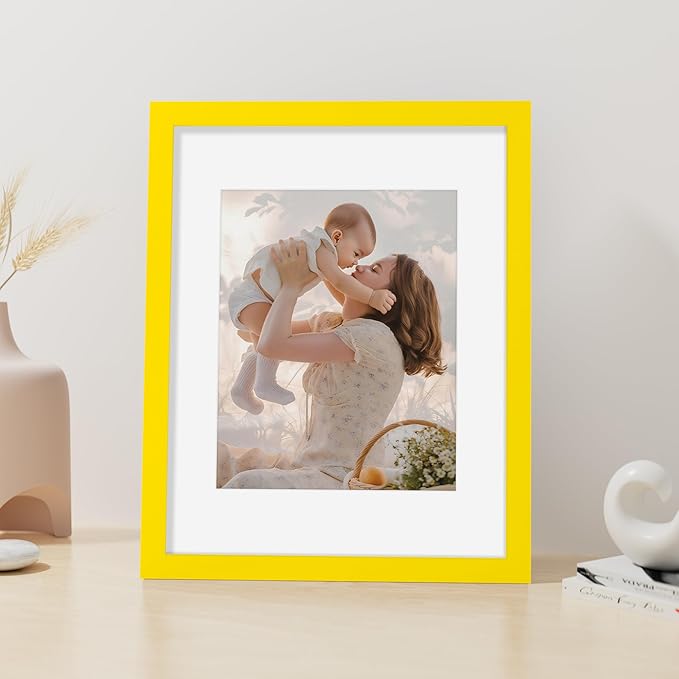 Vittanly 11x14 Picture Frame, Made of Solid Wood and Shatterproof Plexiglass, Display Pictures 8x10 with Mat or 8x10 without Mat, Wooden Photo Frame for Wall Mounting or Tabletop, Yellow, 1 Pack