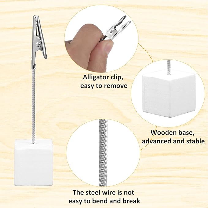 Gersoniel 20 Pcs Cube Base Memo Clip Holder with Alligator Clip Wood Table Number Holder Cube Base Place Card Stand Mini Photo Menu Stand for Displaying Number Card (White)