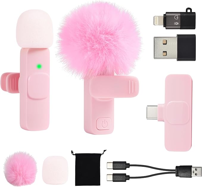 Mini Pink Microphone for iphone Android Phone Tablet ipad PC, Usb C Wireless Lavalier Mic for Video Recording Vlogging Youtube Tiktok Podcast Interview content creators, Tiny Microphones Type C Mics