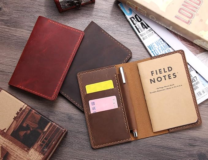 Leather Notebook Cover for Field Notes, Handmade Journal Cover for Moleskine Cahier Journal, Leather Cover with Pen Holder fits 3.5" x 5.5" Pocket Notebook - Wine