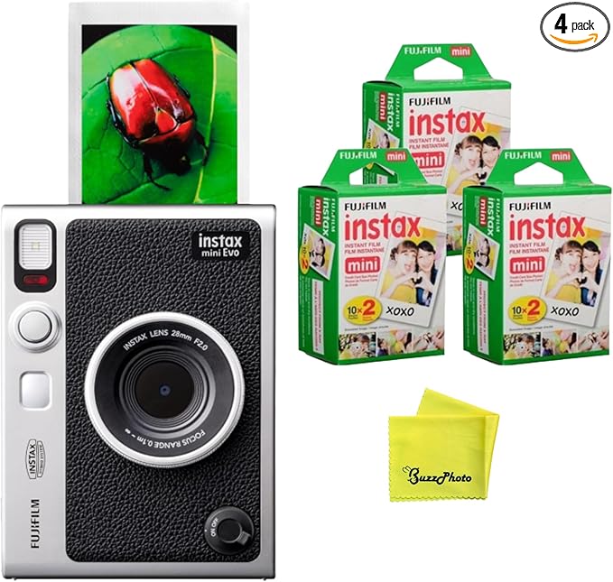 Fujifilm Instax Mini EVO Instant Camera (Black) w/BuzzPhoto Microfiber Cleaning Cloth and 3 Twin Packs Mini Instant Film