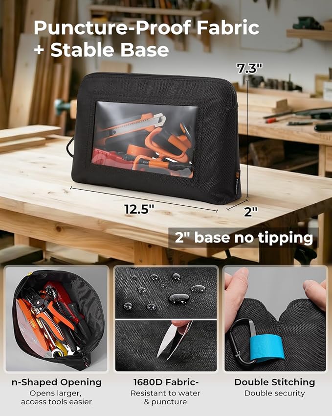 Tool Pouch with Clear Window for Electricians, 1680D Oxford Small Tool Bag, Heavy Duty Tool Pouches with Zipper, Transparent Zipper Pouches for Organizing and Storage, Gifts for Men, 3 Pack