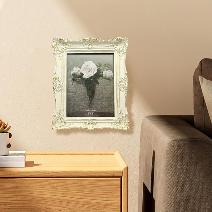CISOO 5x7 Vintage Picture Frame Antique Ornate White with Gold Photo Frame, for Table Top and Wall Display, Decorative Floral Design Retro Home Decor, Photo Gallery Art