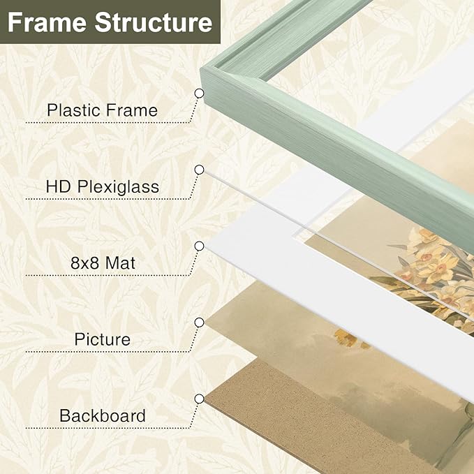 Vittanly 12x12 Picture Frame Set of 4, Vintage Photo Frame for Wall or Tabletop, Display 8x8 Pictures with Mat or 12x12 without Mat, Rustic Farmhouse Home Decor, Light Green