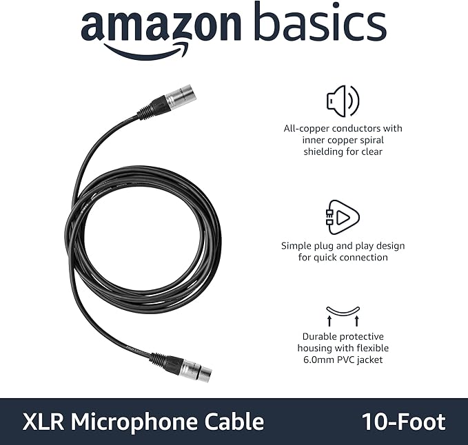 Amazon Basics 2-Pack XLR Microphone Cable for Speaker or PA System, All Copper Conductors, 6MM PVC Jacket, 10 Foot, Black