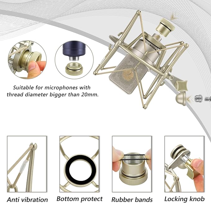 GEEKRIA for Creators Microphone Shock Mount Compatible with Neumann TLM 103, TLM 102, U 87 Ai, TLM 67 Mic Anti-Vibration Suspension Adapter Clamp Mic Holder Clip (Champagne/Metal)
