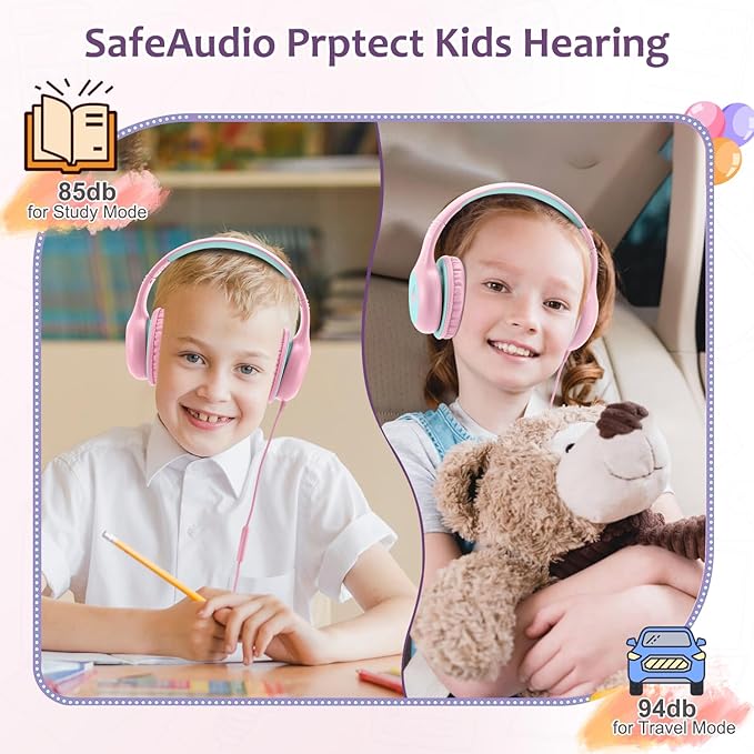 Kids Headphones Wired with Microphone, USB Type C Headphones for Kids Girls Boys with Cord/LED Lights/85/94dB Volume Limit, Portable Over Ear Headphones for School/Travel/Tablet/iPad