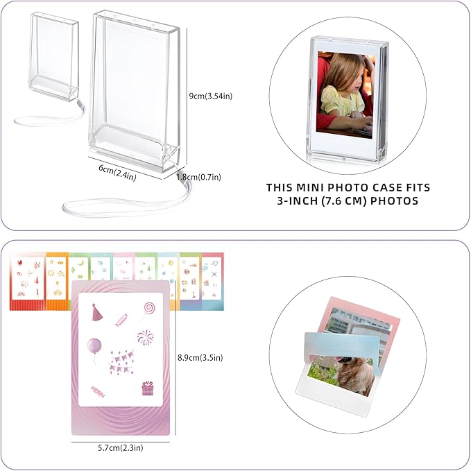 2 Pack 2x3 Mini Photo Case, Picture Holder Storage Box Fits for 3 inch Photo Organizer, Clear Small Film Holder with 5 Sheet Cute Sticker, Photo Protective Case with Wrist Lanyard for Travel